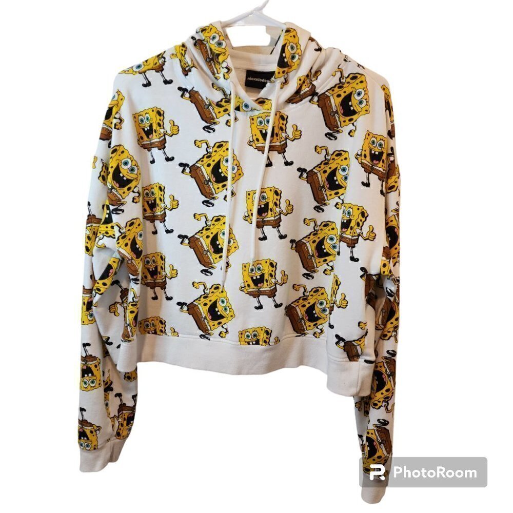 Nickelodeon XL Sponge Bob White Cropped Oversize Hoodie Sweatshirt JUNIORS